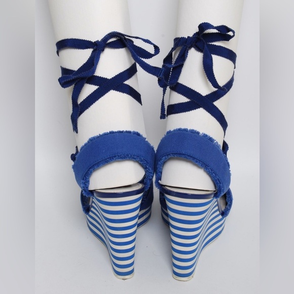 PRADA Cloth Striped Cobalt Blue Canvas Ankle Lace Up Wedges Heels Sandals - Picture 8 of 9